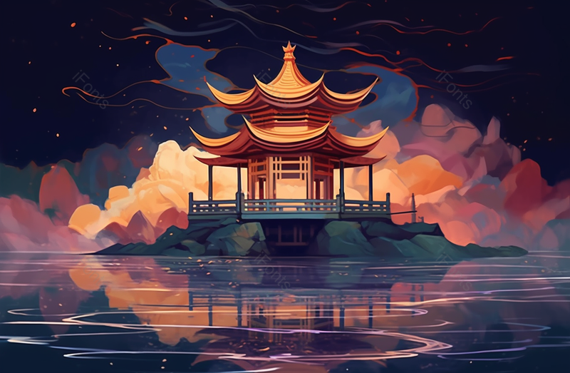 中国风山水凉亭亭台楼阁夜空下湖面上泛起涟漪插画,插画/手绘图,插画/手绘图库,插画/手绘图下载,插画/手绘